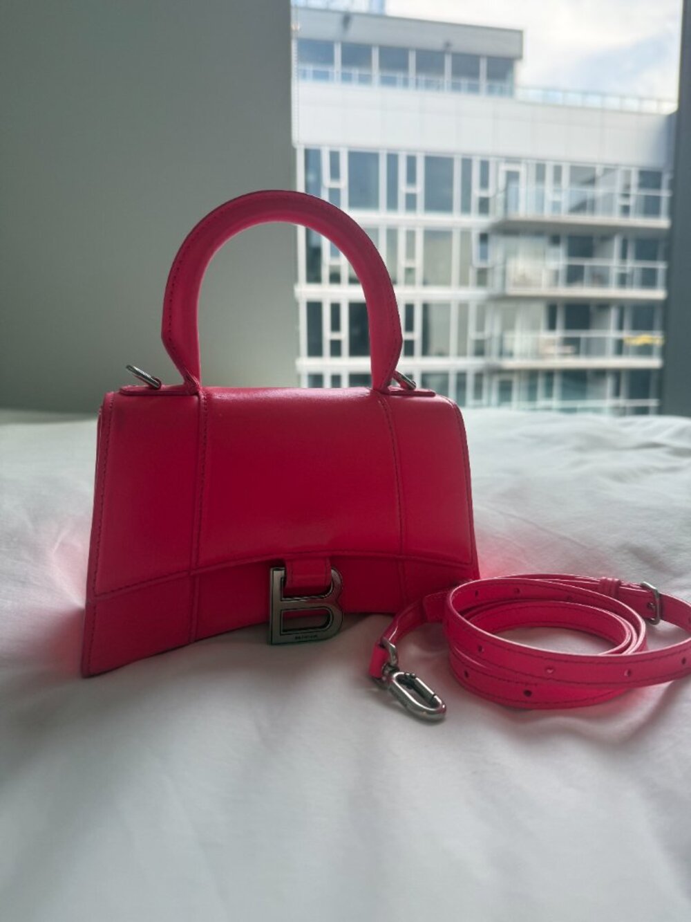 Balenciaga Mini Hourglass Top Handle Bag Hot Pink Smooth Leather Silver Hardware - Picture 4 of 7